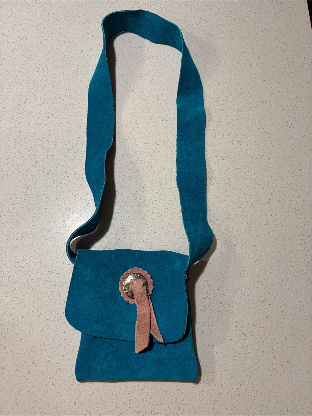 Medicine Pouch Teal Suede Crossbody Bag with Accent Tie